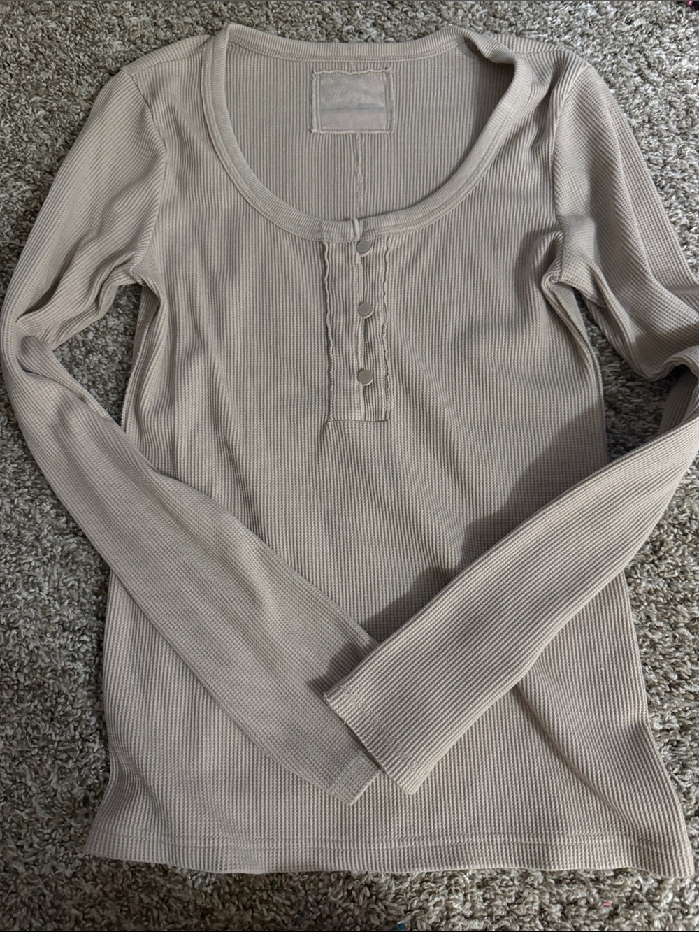 aerie Ribbed Long-Sleeve Henley Top in Light Beige